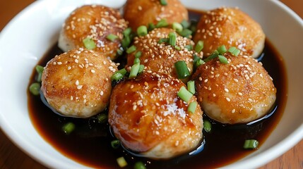 Sesame seed crusted pan fried dumplings with soy sauce and green onions