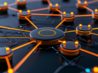 Digital transformation business model innovation. Conceptual network hub with glowing connections and nodes, symbolizing technology