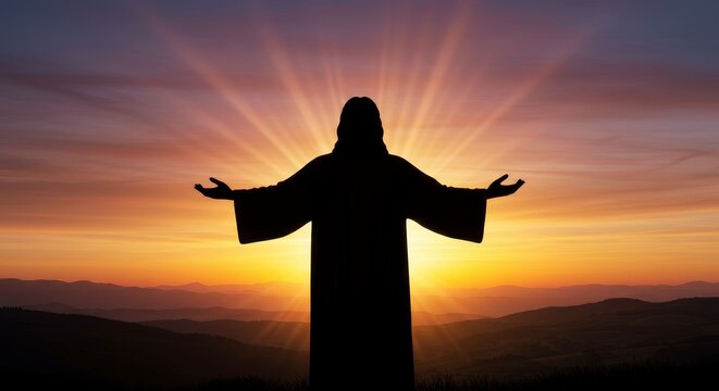 Jesus Silhouette at Sunset - Silhouette of Jesus with arms outstretched at sunset, peaceful and spiritual.