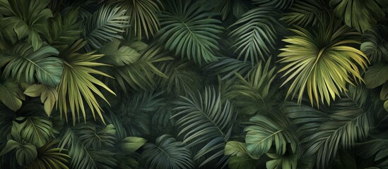 Lush tropical foliage background with dark green leaves.