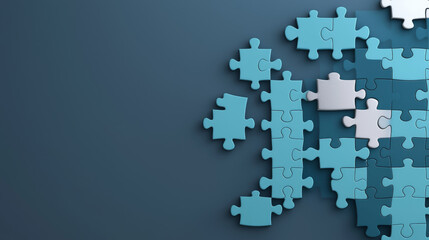 Digital transformation business model innovation. Puzzle pieces in shades of blue on dark background symbolize problem solving