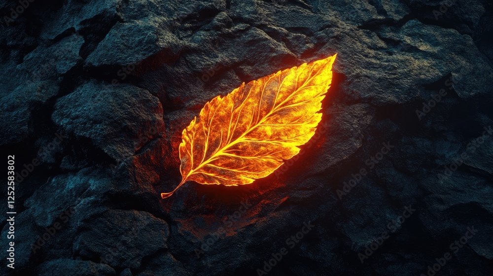 Poster a glowing leaf resting on a dark volcanic rock surface, its vibrant color illuminated against the st