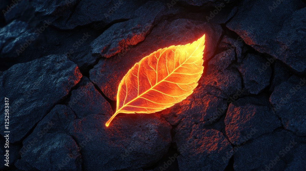 Poster a glowing leaf resting on a dark volcanic rock surface, its vibrant color illuminated against the st