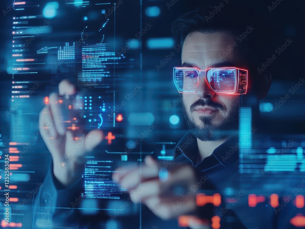 Poster focused man in glasses analyzing interactive digital interface surrounded by futuristic elements and