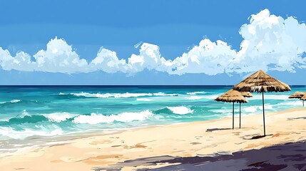 Fototapeta premium Serene Beach Scene With Straw Umbrellas Under Blue Sky