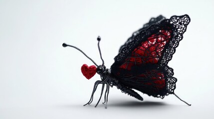 Detailed Lace Butterfly With Red Heart On White Background