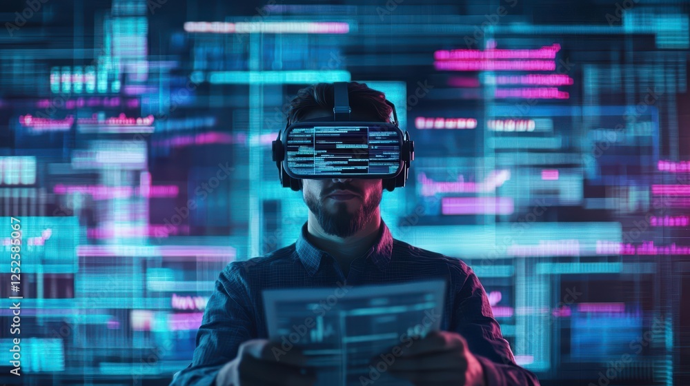 Poster Man Engaged in Digital Experience Wearing Virtual Glasses While Interacting with Tablet Displaying Advanced Technology in Modern Lifestyle Setting
