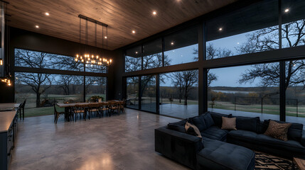 Fototapeta premium Modern home interior overlooking tranquil landscape