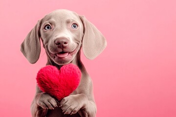 Fototapeta premium Digital ads idea. Weimaraner - my preferred dog. Cute weimaraner pup with fluffy red heart - sign of love, funny greeting card. Puppy cuddles. Cute puppy love. Dog valentine ideas. Red hear.