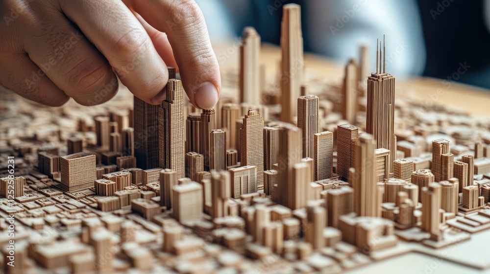 Poster a hand adjusting a wooden skyscraper model on a cityscape model, showcasing the intricate work of ar