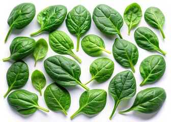 Fototapeta premium Baby Spinach Leaves: Macro Top View, Isolated White Background - Flat Lay Stock Photo