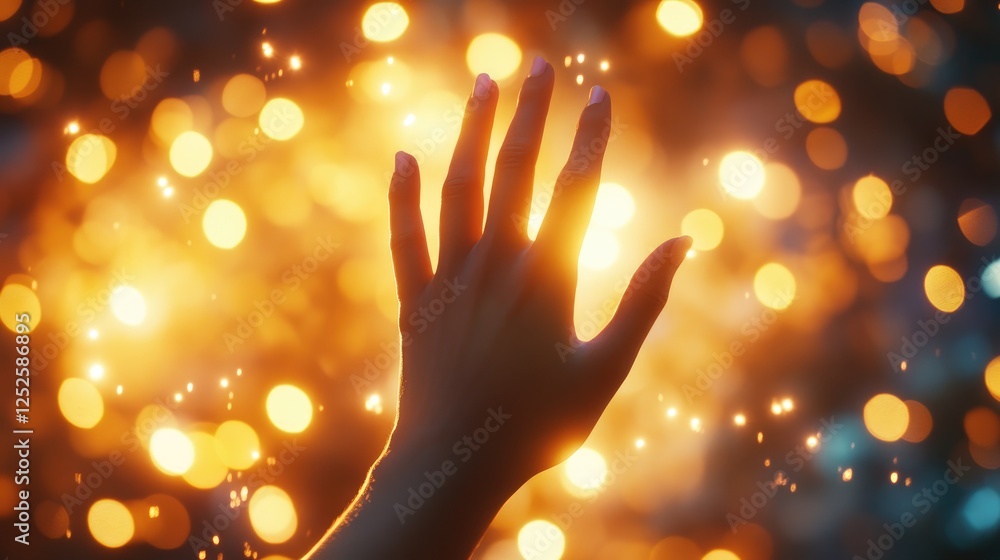 Poster a hand raised with grace, positioned against a glowing, soft bokeh background, symbolizing serenity 
