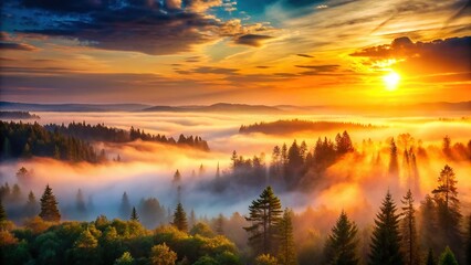 Fototapeta premium Captivating Sunset Misty Forest Panorama