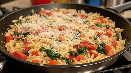 Skillet with parmesan cheese orzo tomato basil spinach and oregano