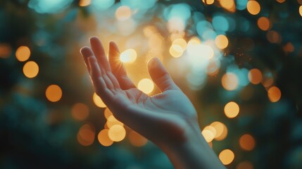 Obraz premium A hand raised with grace, positioned against a glowing, soft bokeh background, symbolizing serenity and a peaceful connection to the surrounding light