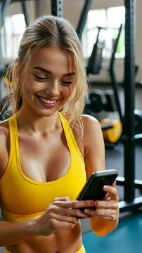 Woman in yellow workout top smiles while using a smartphone in a gym setting during a fitness session
