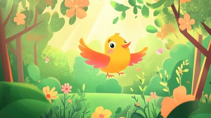 A happy cartoon bird fluttering among cheerful trees and blooming flowers in a colorful, enchanting children's world full of life and color