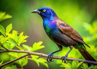 Obraz premium Common Grackle in its Green Woodland Habitat
