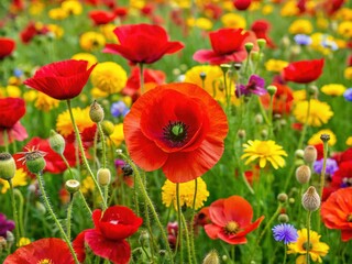 Obraz premium Colorful Tapestry of Springtime: A Symphony of Red Poppies and Golden Wildflowers