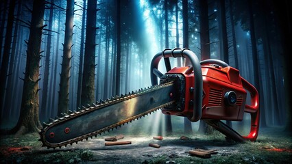 Fototapeta premium Dark Red Black Chainsaw Tool in Forest Silhouette