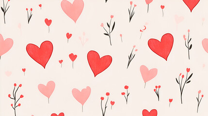 A whimsical pattern featuring a variety of hearts and floral elements in shades of red and pink against a light beige background , valentines day 