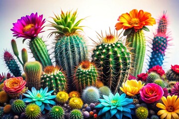 Fototapeta premium Desert Bloom: Cacti Line Drawing and Succulent Flowers