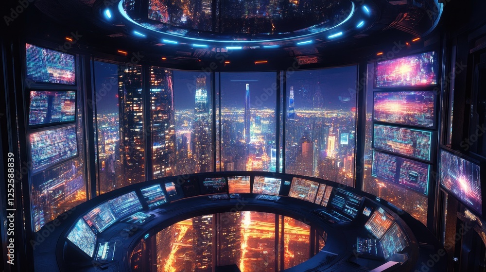 Poster a high-tech control room with futuristic design elements, filled with screens and monitors, offering