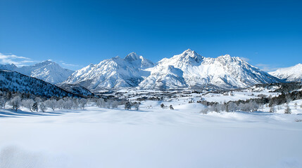 Snowy mountain range winter landscape, clear sky, valley,  winter travel
