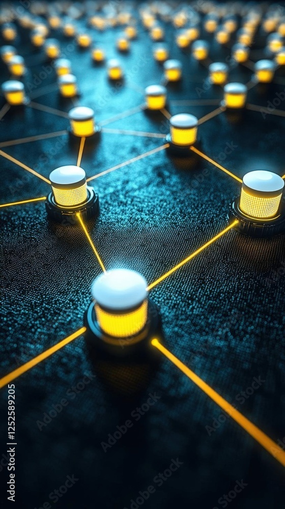 Poster abstract network design with glowing circles on dark blue background