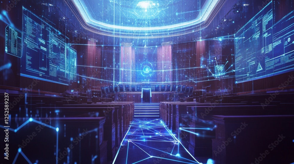 Poster digital courtroom transformation ai and technology integration virtual environment 3d visualization 