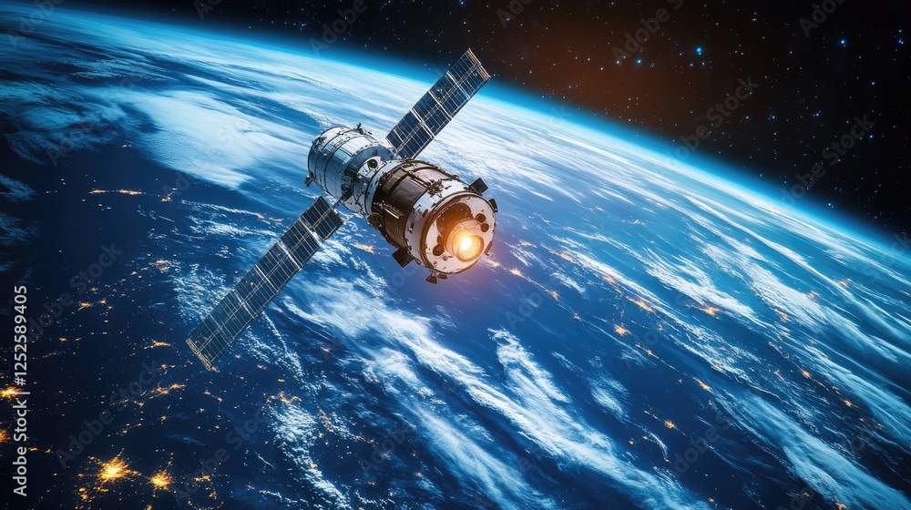 Poster a high-tech spacecraft in orbit around earth, with sleek futuristic designs and glowing lights, repr