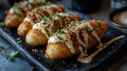 Spanish tapa croquettes made and stuffed fish and mayonnaise