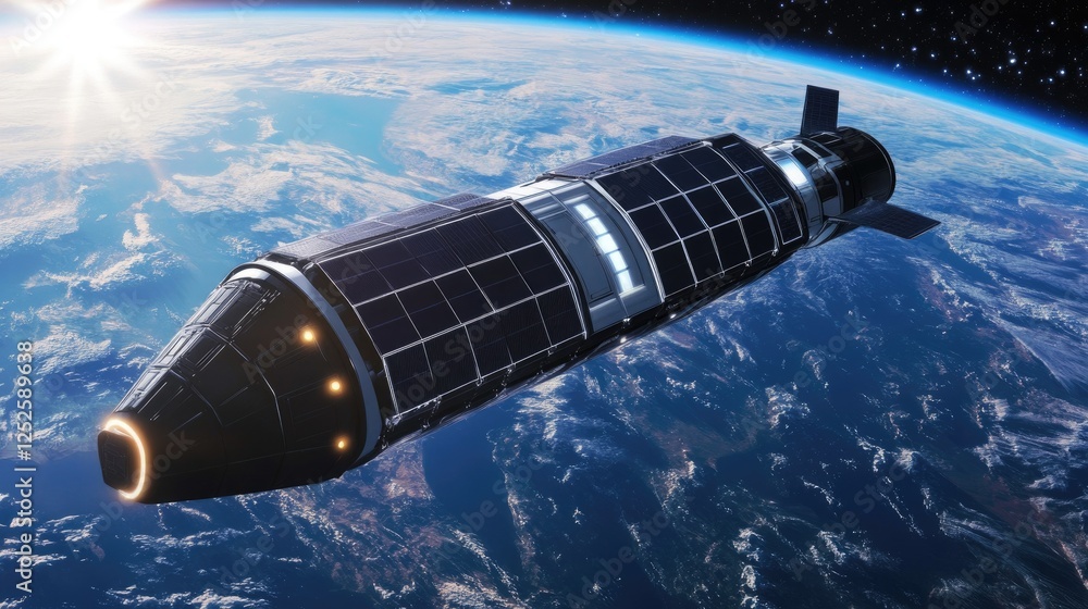 Poster a high-tech spacecraft in orbit around earth, with sleek futuristic designs and glowing lights, repr