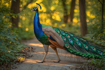 Obraz premium Peacock strolling on a sunlit forest path