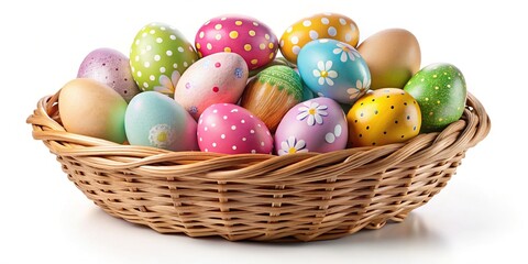 Naklejka premium Hand-Painted Pastel Easter Eggs in Basket on White