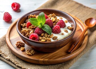 Healthy Baby Food: Granola Yogurt Bowl with Raspberries on Wooden Tray