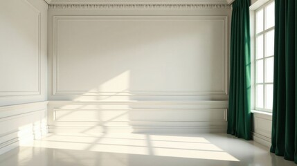 Obraz premium Elegant Room Interior with Sunlight Streaming Through Emerald Curtains and White Walls