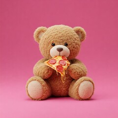 A teddy bear is eating pizza on a pink background