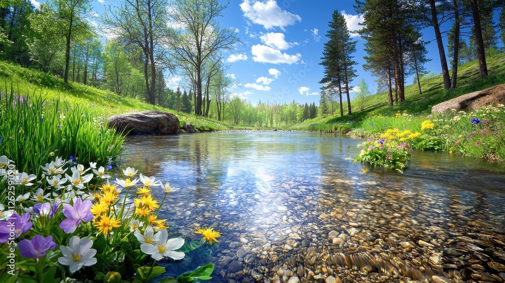 Poster a clear stream running through a spring forest, surrounded by budding trees and colorful wildflowers