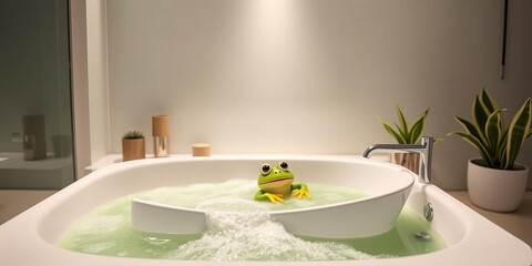 Playful green toy frog bathes in modern bathroom with plants and bubbles, modern, bathroom, bath