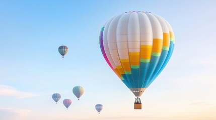 Obraz premium A colorful hot air balloon lifting off into a clear sky with other balloons in the background.