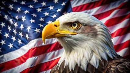 Majestic Bald Eagle Soaring Above American Flag, Patriotism Landscape