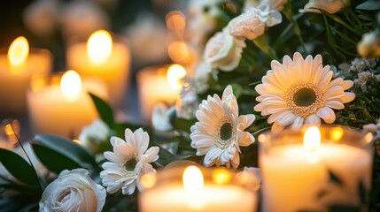 Respectful funeral background with candles and floral tributes.