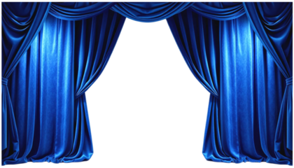 Dramatic royal blue velvet stage curtains open wide. Full-frame image of a pair of richly textured deep royal blue velvet theater curtains elegantly draped and open to reveal a blank white background