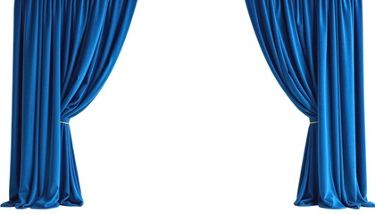 Vibrant Blue Velvet Curtains Against a Transparent Background. A dramatic image of a pair of rich deep blue velvet curtains elegantly draped and pulled apart to reveal a blank white space