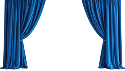 Vibrant Blue Velvet Curtains Against a Transparent Background. A dramatic image of a pair of rich deep blue velvet curtains elegantly draped and pulled apart to reveal a blank white space