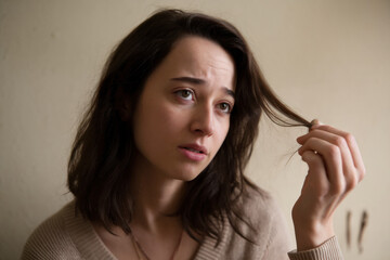 Fototapeta premium A young woman gently lifting a strand of hair, closely examining the tips with a curious gaze