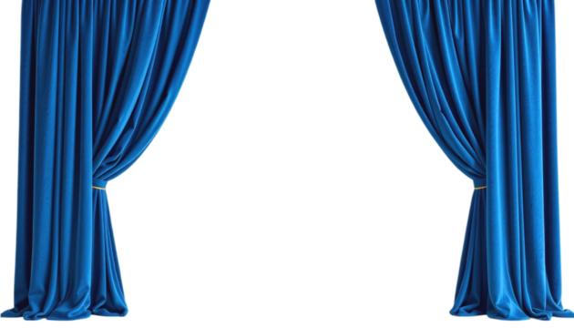 Vibrant Blue Velvet Curtains Against a Transparent Background. A dramatic image of a pair of rich deep blue velvet curtains elegantly draped and pulled apart to reveal a blank white space