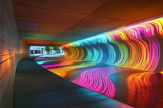 A dynamic underpass showcasing colorful light waves that ripple along the surface, transforming a mundane walkway into an artistic and vibrant experience.