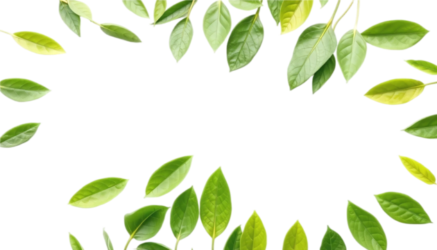 Fresh Green Leaves Arranged in a Frame on PNG Background. An arrangement of vibrant green leaves various shades of green in a circular frame against a Transparent background